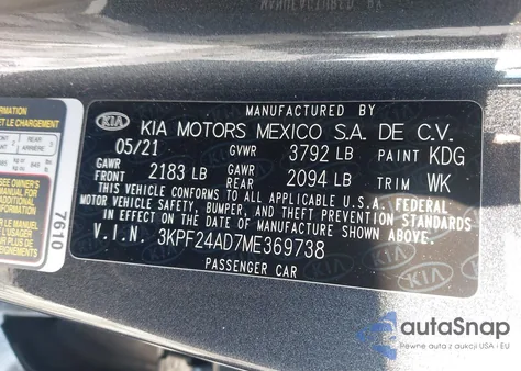 2021 Kia Forte Lxs из США, поврежденный, VIN 3KPF24AD7ME369738